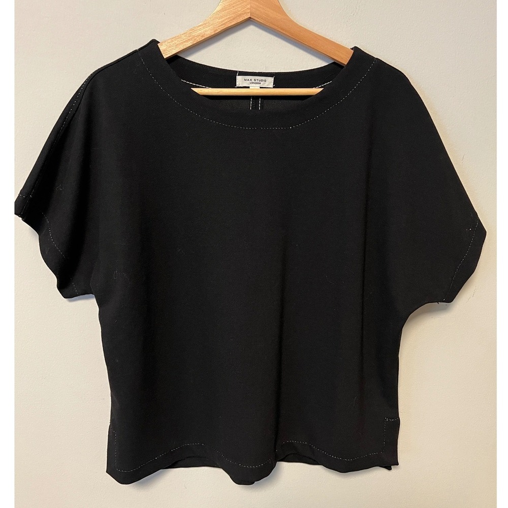 Max Studio London Top Womens XL Black Pre-owned Contrast Stitch Boxy Short Slv